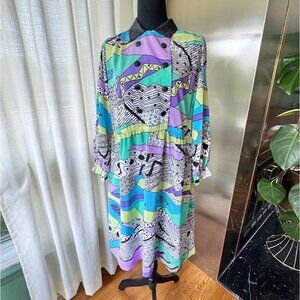 Vintage 80s dress, bold purple, lavender, teal, blue Memphis-Milano style
